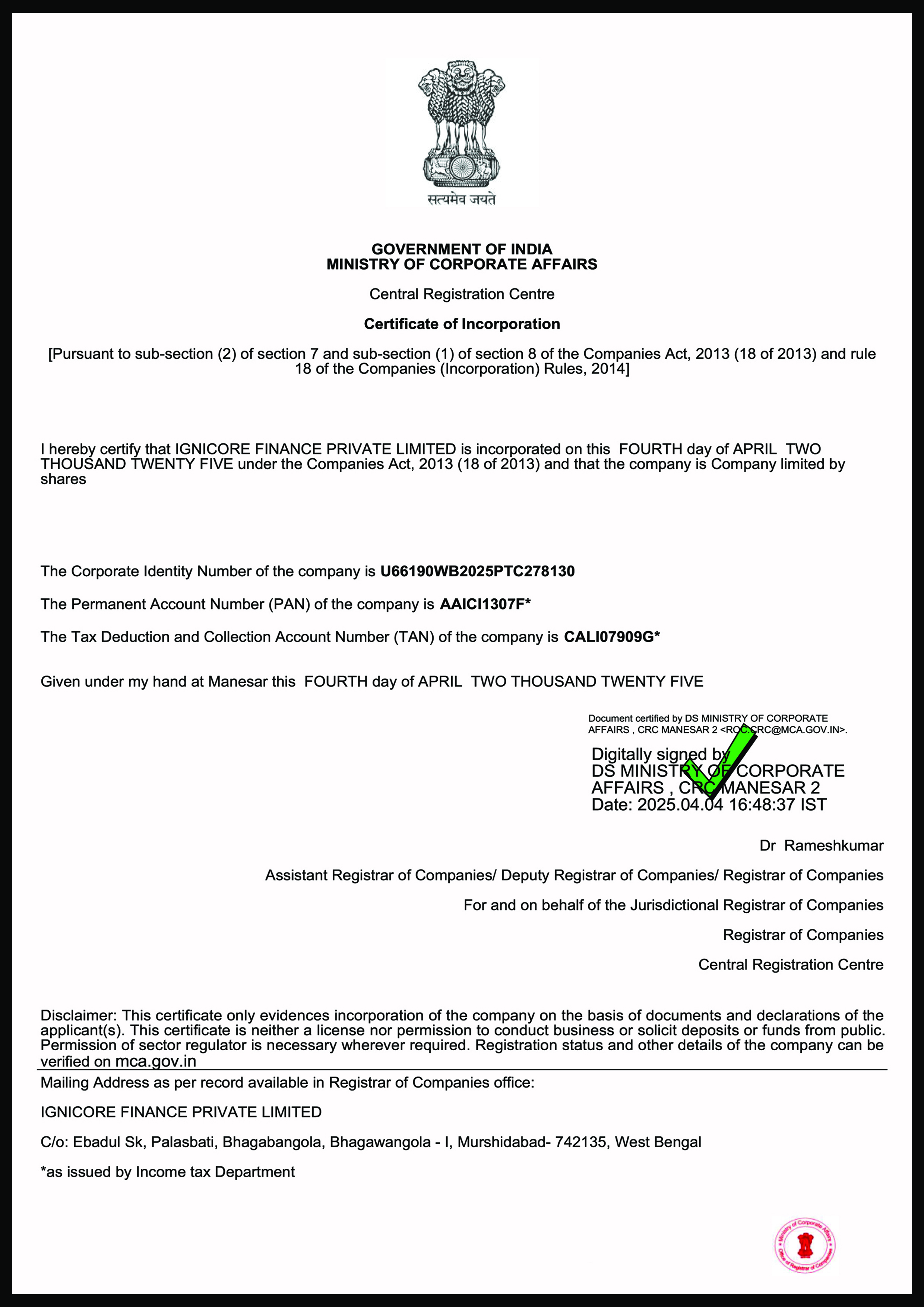 certificate of incorporation